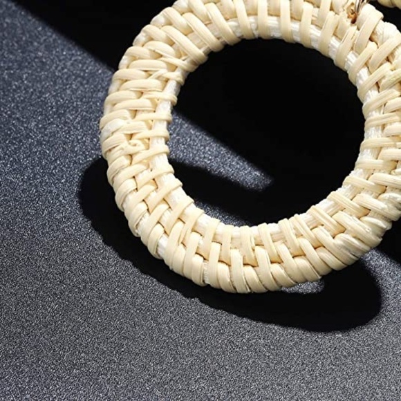 Weave Straw Double Disc Drop Earrings Boho Rattan Dangle Statement - Picture 3 of 7